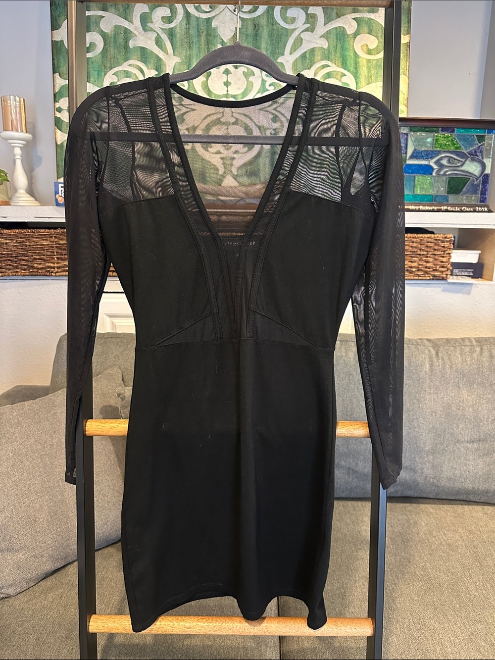 Stylestalker Black Sheer Panel V-Neck Long Sleeve Dress